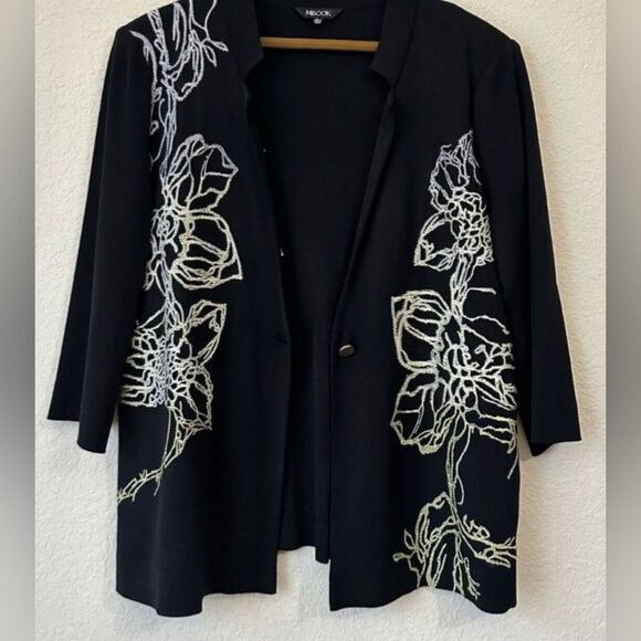 MISOOK Embroidered One Button Knit Suit Jacket Black Shoulder Padded Size L - Picture 4 of 5